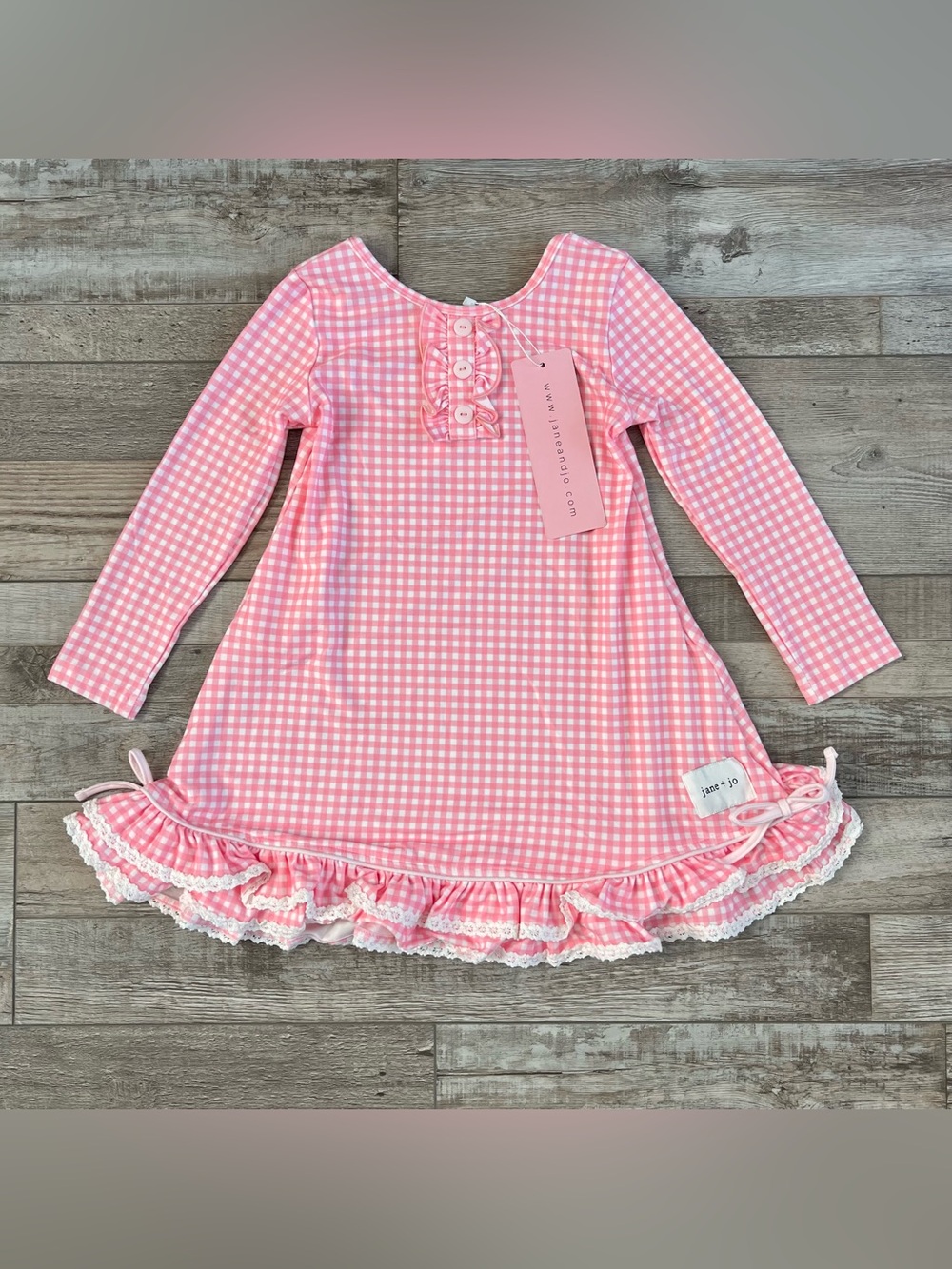 NWT Jane + Jo Girls Long Sleeve Nightgown in Rosy Cheeks Check Size 5